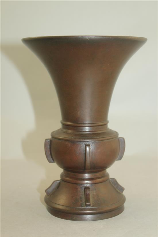 A Chinese bronze beaker vase, Gu, late 19th / early 20th century, 19cm